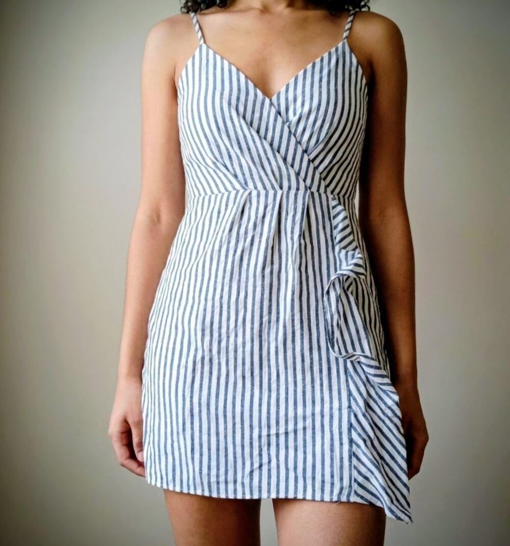 Sienna Sky Striped Wrap Dress Small Cotton Blue White Faux Wrap Ruffle Mini